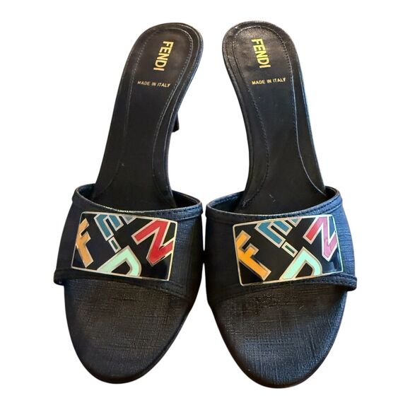 Fendi Zucca Slip On Sandals Size 36.5 Black Multicolor Logo Kitten Heels - Picture 4 of 12